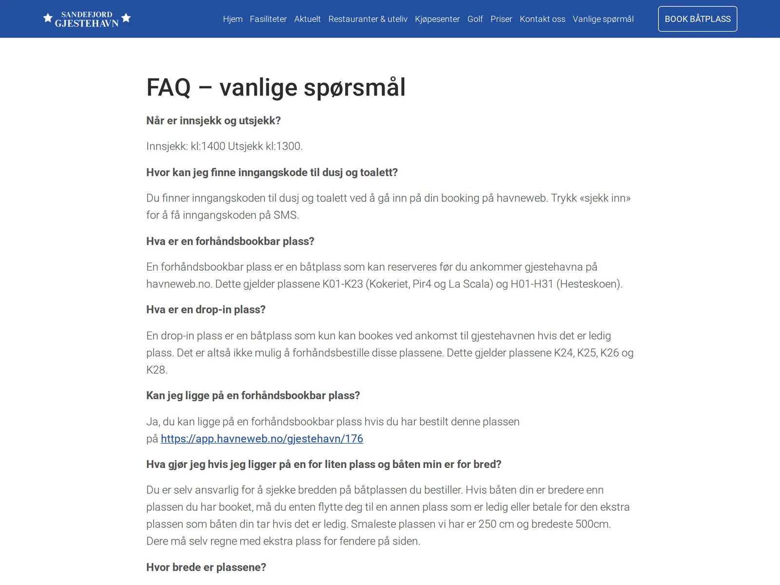 Skjermbilde av sandefjordgjestehavn.no